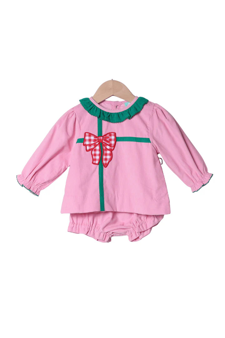 Applique Christmas Present Pink Corduroy Bloomer Set | The Smocked Flamingo