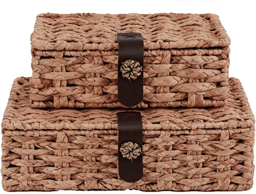 Water Hyacinth Decorative Box with Lid Set of 2, Wicker Storage Baskets with Lids, Handwoven Orga... | Amazon (US)