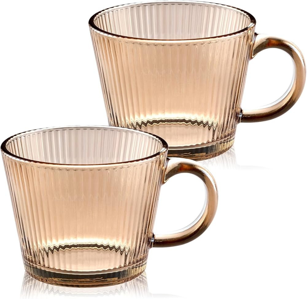 13oz Vintage Coffee Mugs 2 pack Striped Glass Tea Cups with Handle Stackable Amber Espresso Cup f... | Amazon (US)