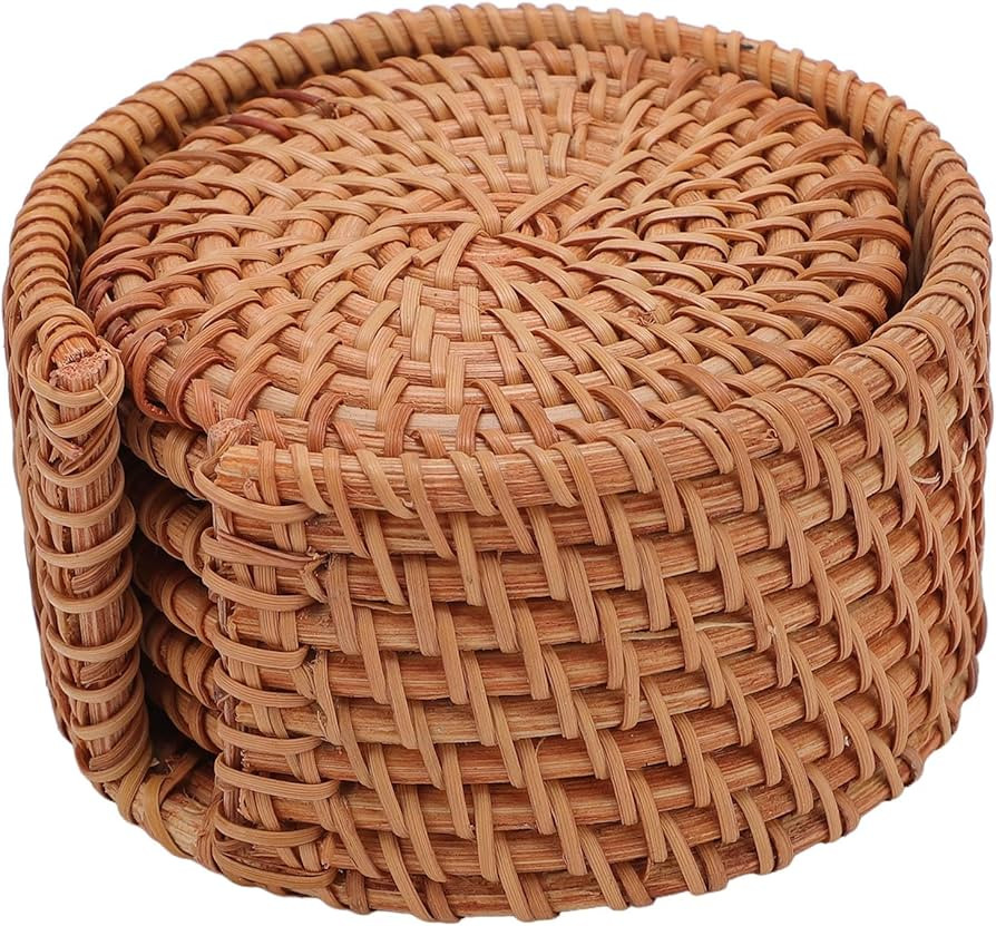 Rattan Coasters Set of 6 with Holder Handwoven Natural Rattan Coaster Set for Cups Bowls Plates H... | Amazon (US)