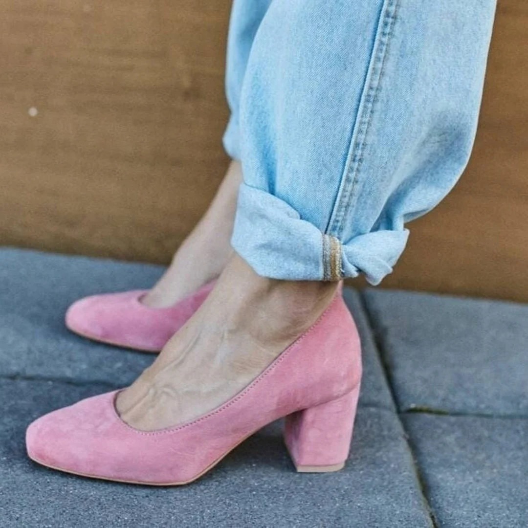 Handgefertigte Samtpumps, niedrige Absätze, Slip-On-Pumps, elegante Sommer-Büroschuhe, rosa Hig... | Etsy (US)