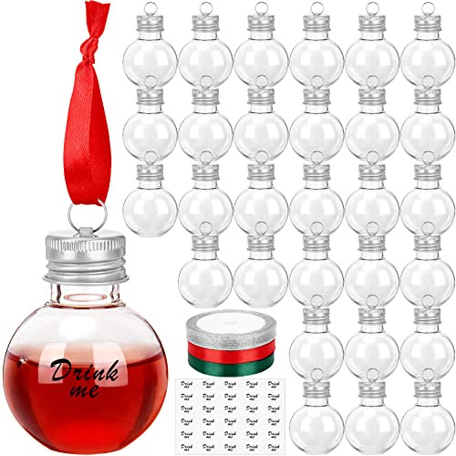 KaKaPops 30 Pieces Christmas Booze Balls, Christmas Tree Hanging Ornaments Clear Plastic Fillable Bulbs Pendant Ball with Screw Caps and Ribbons for Christmas Home Party Decor | Amazon (US)