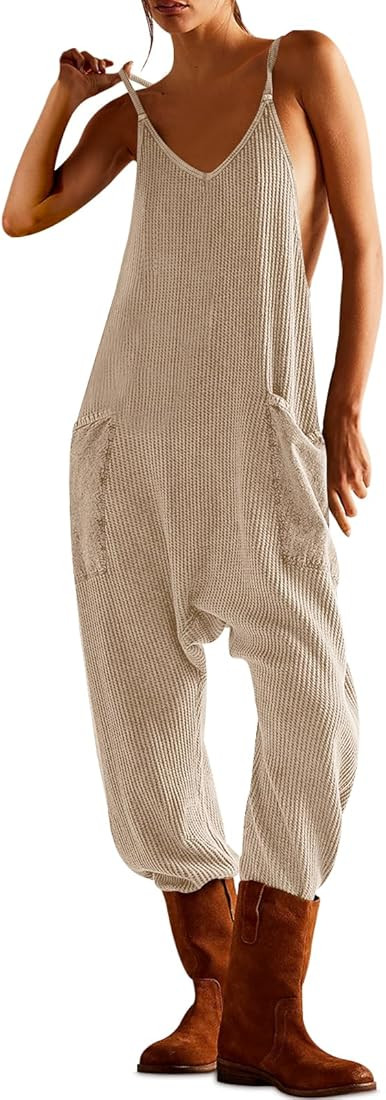 Women's Sleeveless Jumpsuits Casual Waffle Knit Rompers V Neck Loose Overalls Spaghetti Strap One... | Amazon (US)