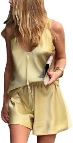 THLAI Women's Satin Casual Two Piece Sets Sleeveless Cami Top & Shorts Summer Sexy Outing Outfits | Amazon (US)