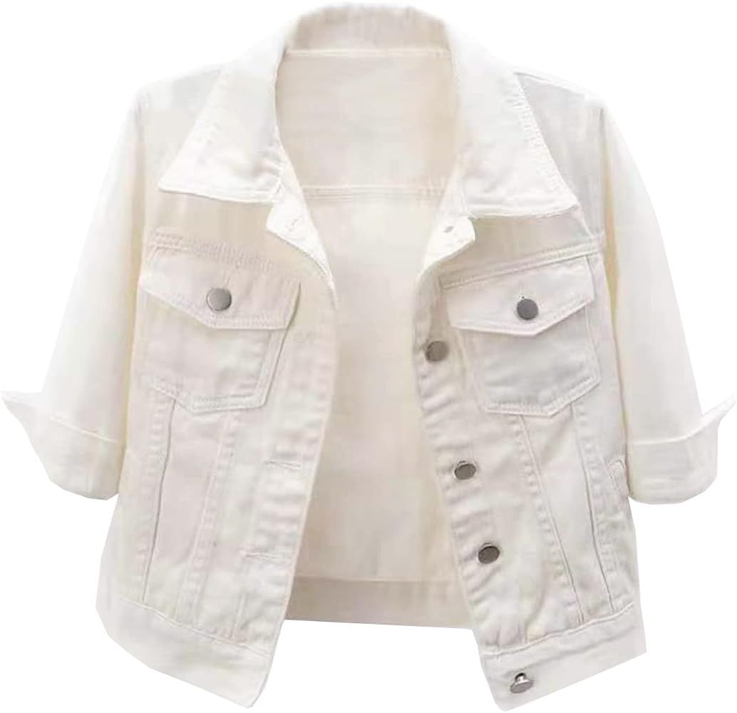 Locachy Womens 3/4 Sleeve Short Denim Jacket Lapel Button Down Cropped Trucker Jean Jackets Coats | Amazon (US)