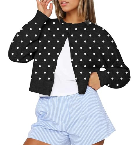 AKLOPVII Women Y2k Polka Dot Front Button Down Cropped Cardigan Sweater Crewneck Long Sleeve Pullover Trendy Fall Knitwear Black | Amazon (US)