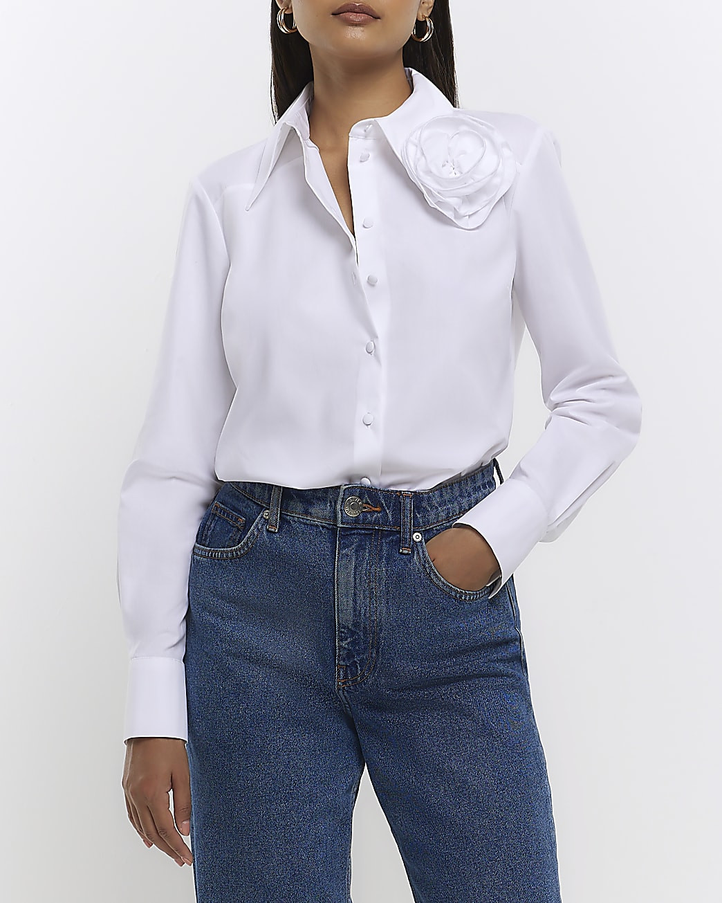 White poplin corsage long sleeve shirt | River Island (UK & IE)