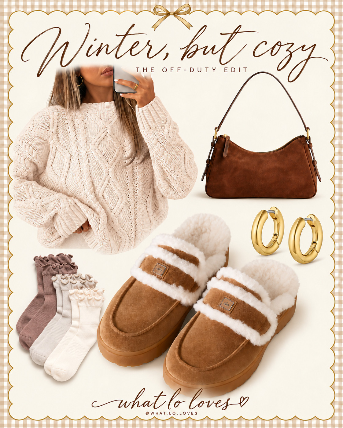 winter, but make it cozy 🤎 the off-duty outfit I want to live in: an oversized cable knit sweater, a chocolate suede shoulder bag, gold hoops, ruffle socks and the ALO shearling loafers I'm dreaming about. everything is linked here :) #winteroutfit #cozyoutfit #offdutystyle #cableknitsweater #alo