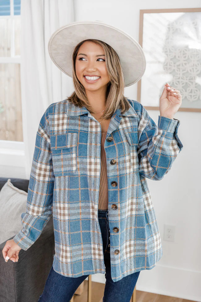 Misunderstood Heart Blue/Orange Plaid Shacket | Pink Lily