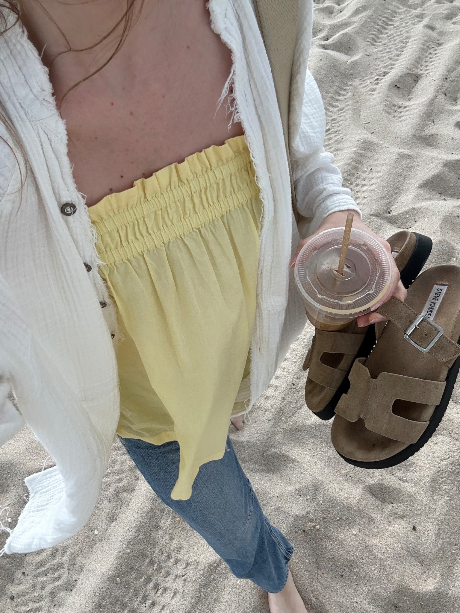 wearing a small in tube top (part of a set), sized down in barrel jeans! button down is old fp, linked similar 

Spring outfit, vacation outfit 

#LTKSeasonal #LTKTravel
