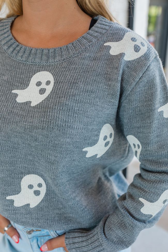 One Cool Ghoul Grey Ghost Print Sweater | Pink Lily