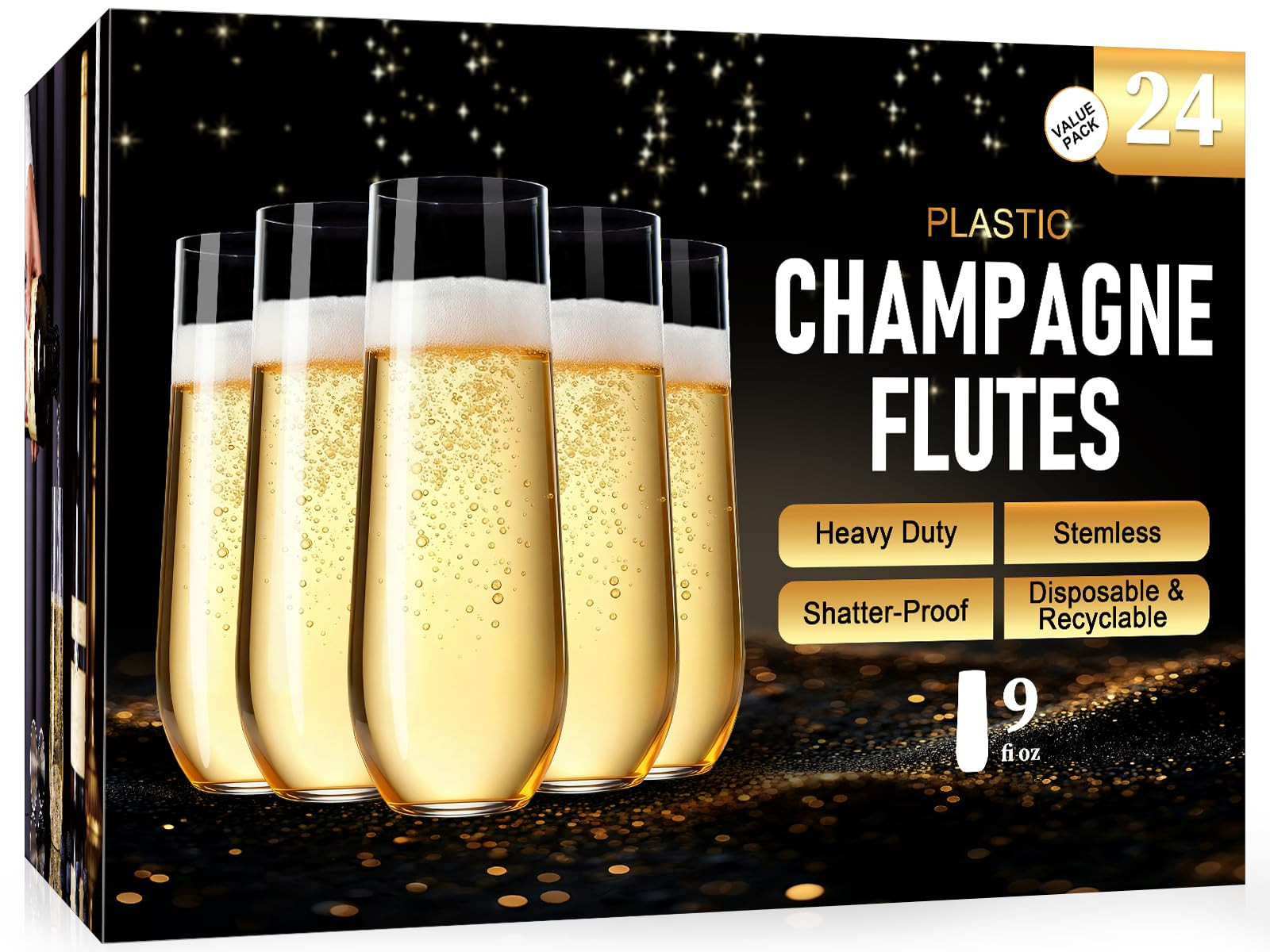 Guanqiao 24 Pack Stemless Plastic Champagne Flutes, 9 oz Clear Disposable Plastic Glasses, Heavy ... | Amazon (US)