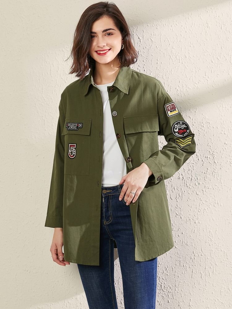 Letter Patched Flap Pockets Utility Coat | SHEIN