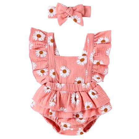Mxiqqpltky Baby Girls Daisy Print Ruffled Romper Cotton Linen Jumpsuit Bodysuit with Headaband | Walmart (US)