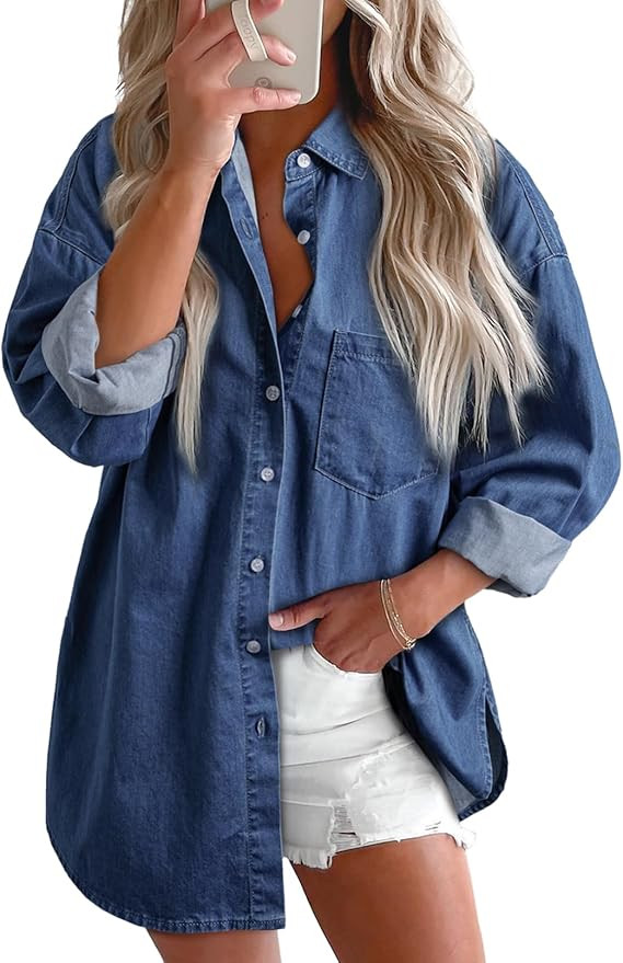 Astylish Women Denim Shirts Button Down Blouse V Neck Casual Tops | Amazon (US)