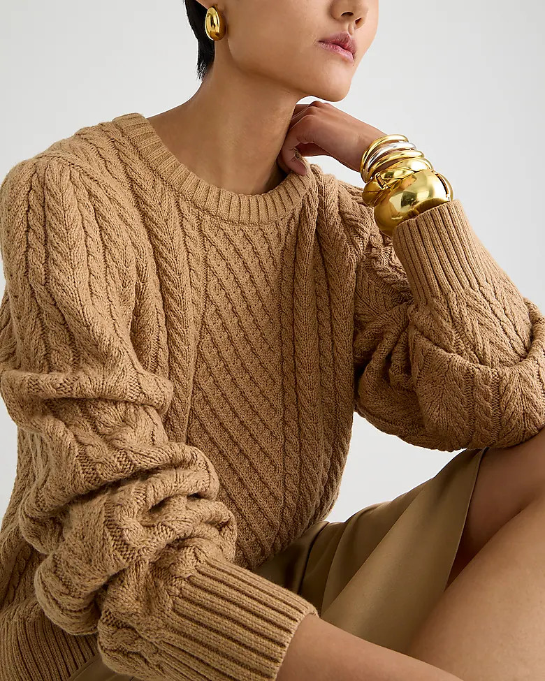 Cable-knit puff-sleeve crewneck sweater | J. Crew US