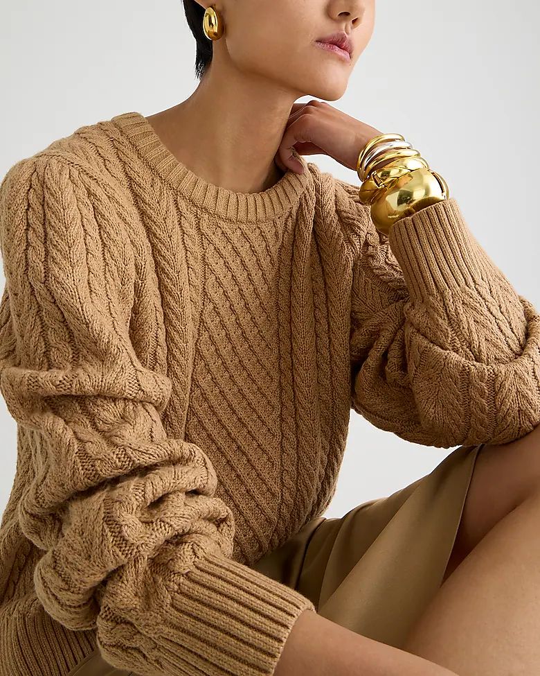 Cable-knit puff-sleeve crewneck sweater | J.Crew US