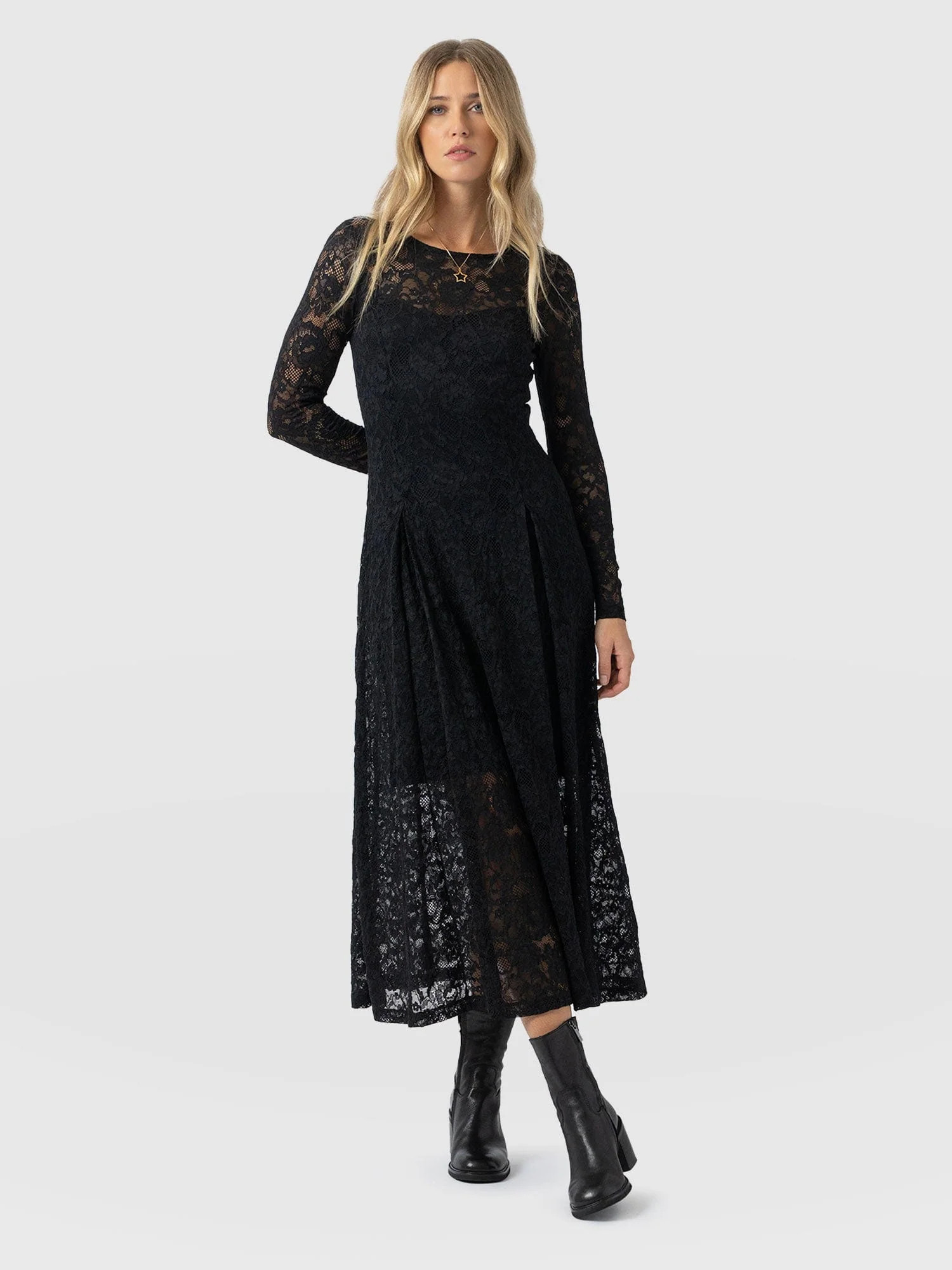 Lana Pleated Dress - Black Lace | Saint + Sofia