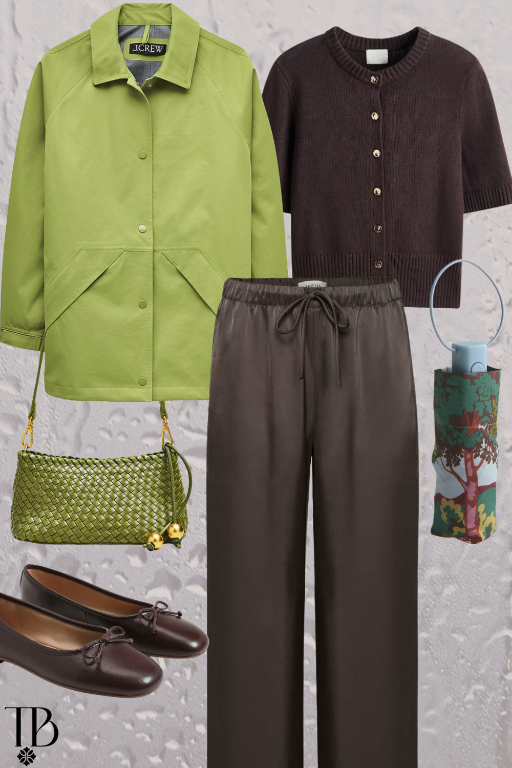 Rainy day but make it earthy and elevated ☔️🌿 A fresh green rain jacket paired with a cozy brown cardigan and relaxed drawstring pants creates the perfect neutral rainy day outfit. Finished with classic ballet flats, a woven bag, and a compact umbrella for an effortless chic rain-ready look.
#rainydayoutfit #neutralstyle #ltkstyle #everydayoutfit #rainydayfashion #casualchic 

 