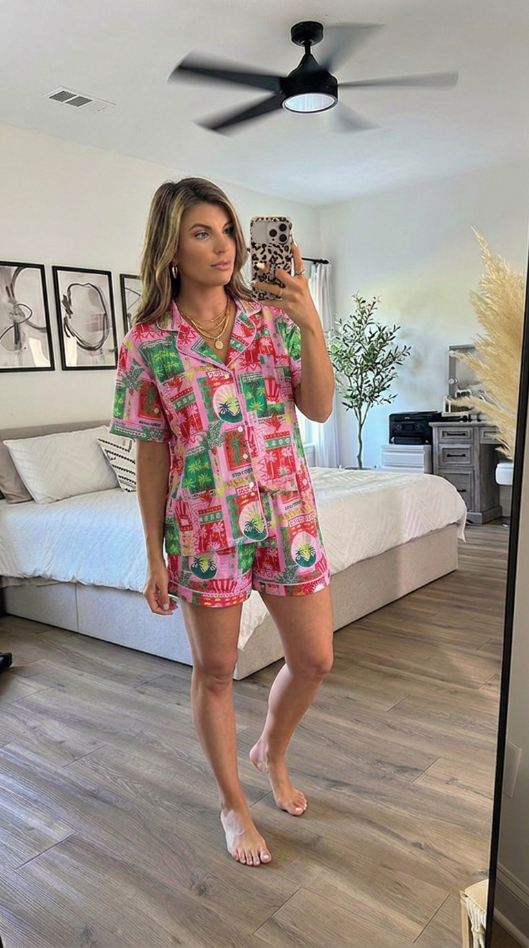 Pink Lily postcard print pajama set and I’m obsessed with the tropical vacation vibes 🌴💗 This cute two piece pajama short set is lightweight, comfy, and perfect for summer nights, girls trips, lounging at home, or getting ready in style. The colorful postcard print gives major coastal meets resort aesthetic energy. 

Pink Lily pajamas, postcard print pajama set, tropical pajama set, cute summer pajamas, two piece pajama shorts set, vacation pajamas, colorful lounge set, matching pajama set women, comfy sleepwear, resort style pajamas, girly pajama set, Pink Lily fashion, summer lounge outfit, tropical print sleepwear, aesthetic pajama set 

 #LTKmomlife #LTKselfcare #LTKMidsize