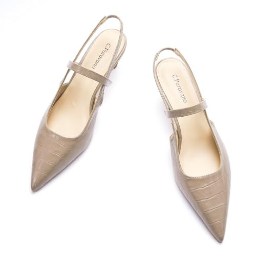 C.Paravano Slingback Flats Pointed Toe Kitten Heels for Women Pumps Ankle Strap Dress Shoes for Office and Casual Wear(Size 11.5,Croc Light Coffee Heels) | Amazon (US)