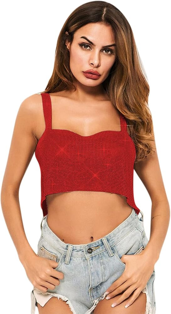 Women Sexy Sparkly Rhinestone Rave Crop Tops Sleeveless Tank Top Shirt Body Jewelry for Club Fest... | Amazon (US)