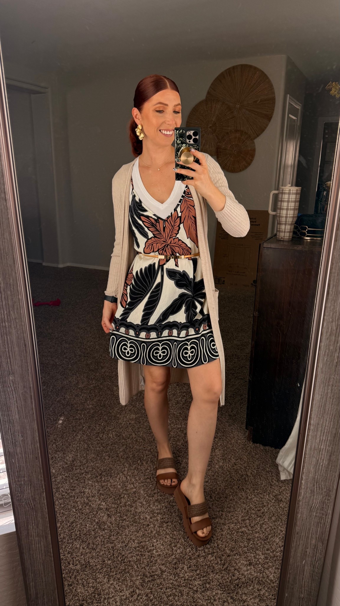 Tropical dress w/ adjustable straps and 4 different patterns: size small and still flowy / roomy!
Gold waist belt: smallest size I’m a 26” waist 
Gold floral earrings: Amazon
Brown platform sandals: Reef tts I wear a 7.5
Duster is super old from Amazon.
White vneck undershirt is @tjmaxx 

#LTKPetite #LTKootd #LTKmomlife