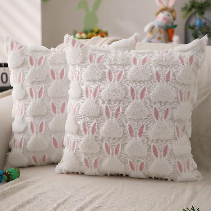 DFXSZ Easter Pillow Covers 18x18 inch Set of 2 Easter Decorations Pink Ears White Rabbit Soft Plu... | Amazon (US)