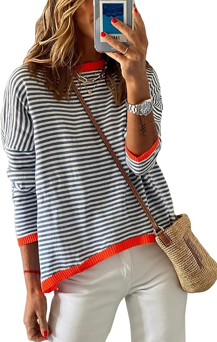 TimeMark Womens Crewneck Long Sleeve Sweaters Casual Striped Color Block Drop Shoulder Cotton Pul... | Amazon (US)