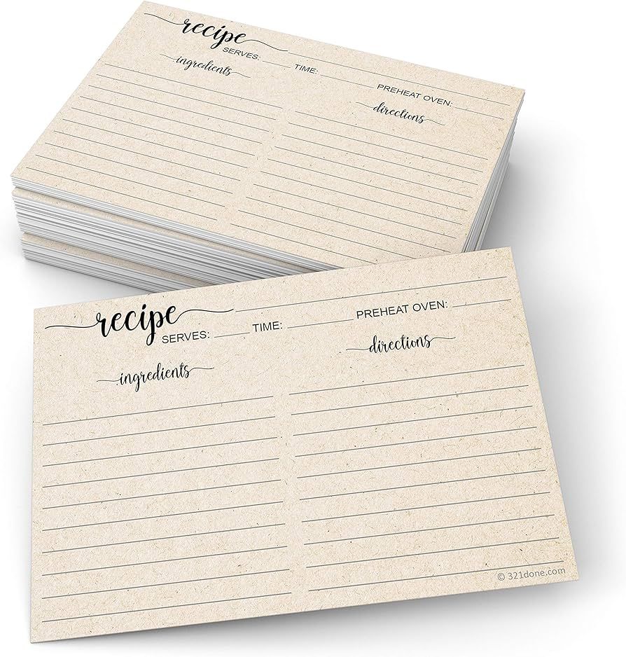 321Done Recipe Cards 4x6 Tan Simple Script, 50-Pack, Made in USA, Double-Sided Thick Cardstock, C... | Amazon (US)