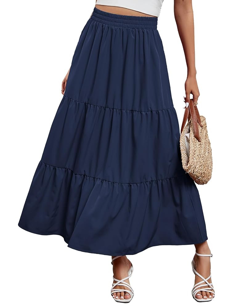Arolina Maxi Skirt for Women Summer Boho Elastic High Waist Pleated A-Line Flowy Ruffle Swing Tie... | Amazon (US)