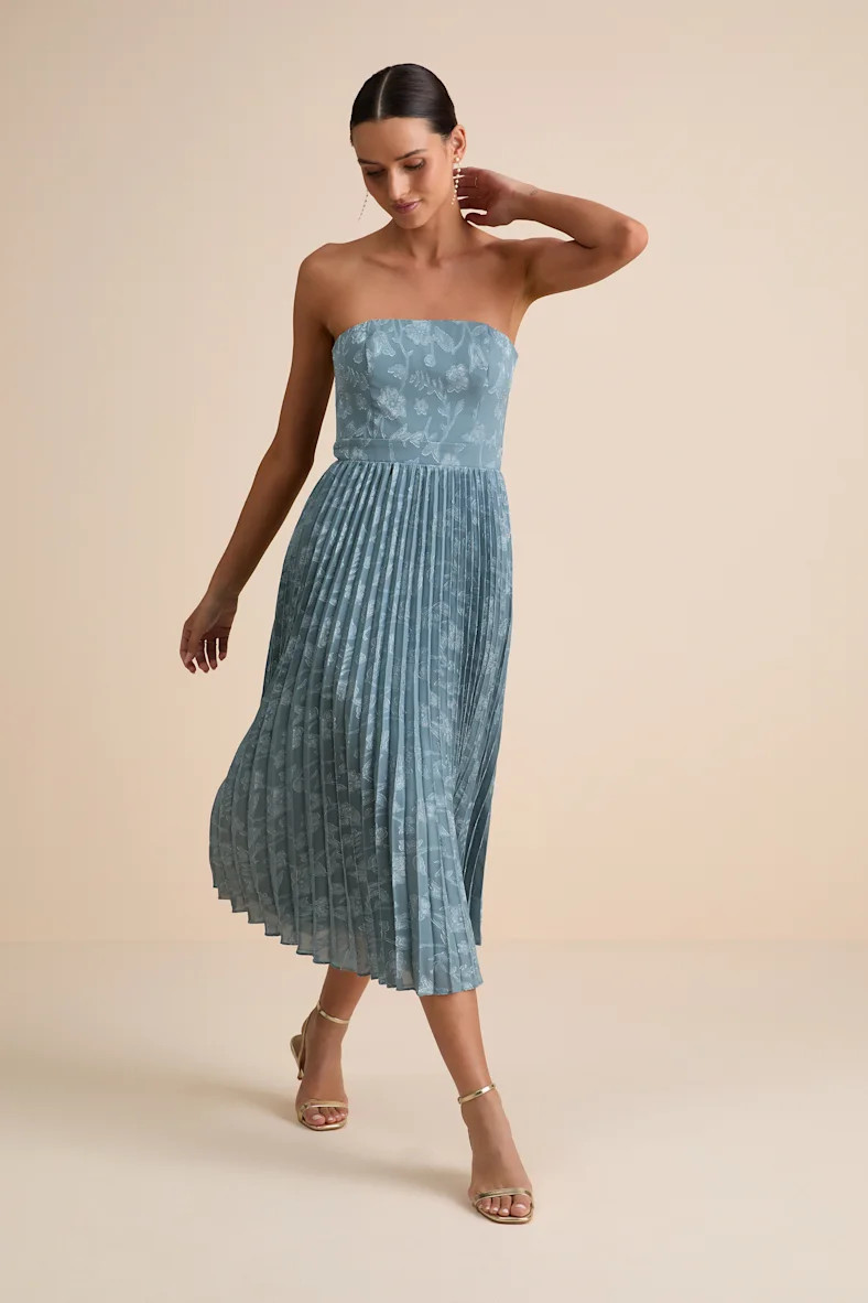 Perfectly Stunning Slate Blue Jacquard Strapless Midi Dress | Lulus