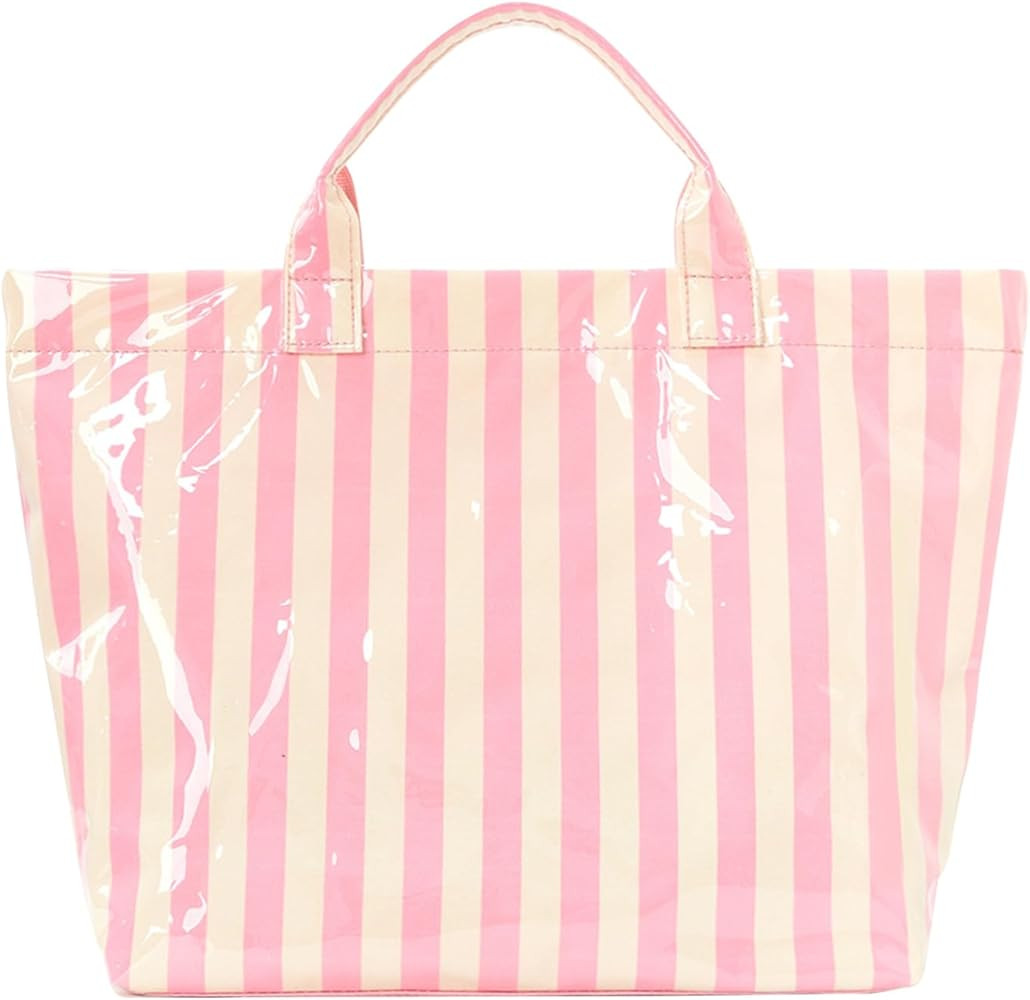 Striped PVC Tote Bag Large Glossy Striped Handbags Waterproof Top Handle Bag Plastic Tote Handbag... | Amazon (US)