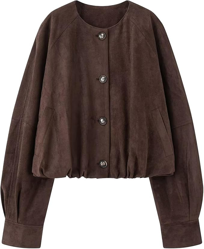 Ainangua Women's Faux Suede Button Bomber Jacket Oversized Gathered Hem Short Coat Casual Cropped... | Amazon (US)