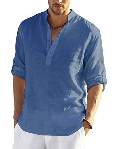 COOFANDY Men's Cotton Linen Henley T-Shirts Long Sleeve Hippie Casual Beach T-Shirts Denim Blue | Amazon (US)