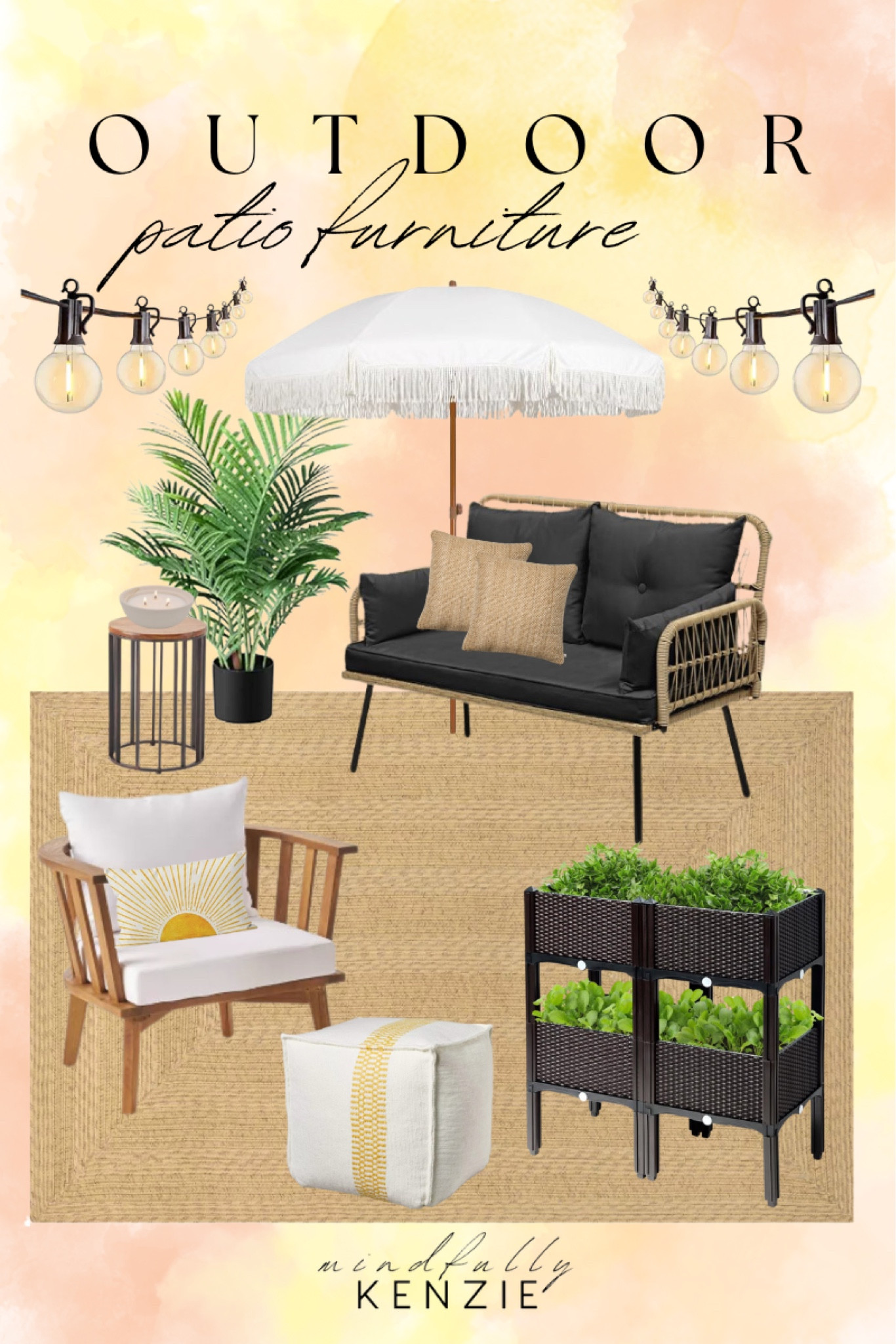 Outdoor Patio Furniture

Outdoor string lights  outdoor rug  raised planter box  summer finds  outdoor pillows  wicker outdoor furniture  patio umbrella  citronella candle  artificial plant  patio end table  summer home finds 

#LTKHome #LTKSeasonal