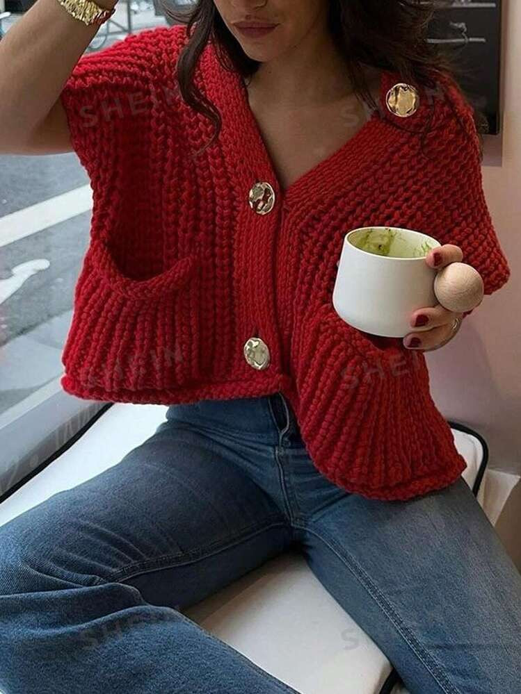 SHEIN EZwear Women V-Neck Button Front Pockets Sleeveless Sweater Vest | SHEIN