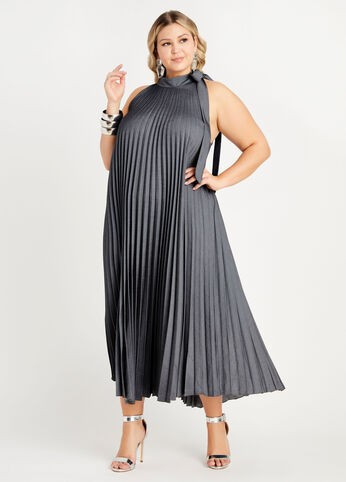Plisse Tie Neck Halter Maxi Dress | Ashley Stewart