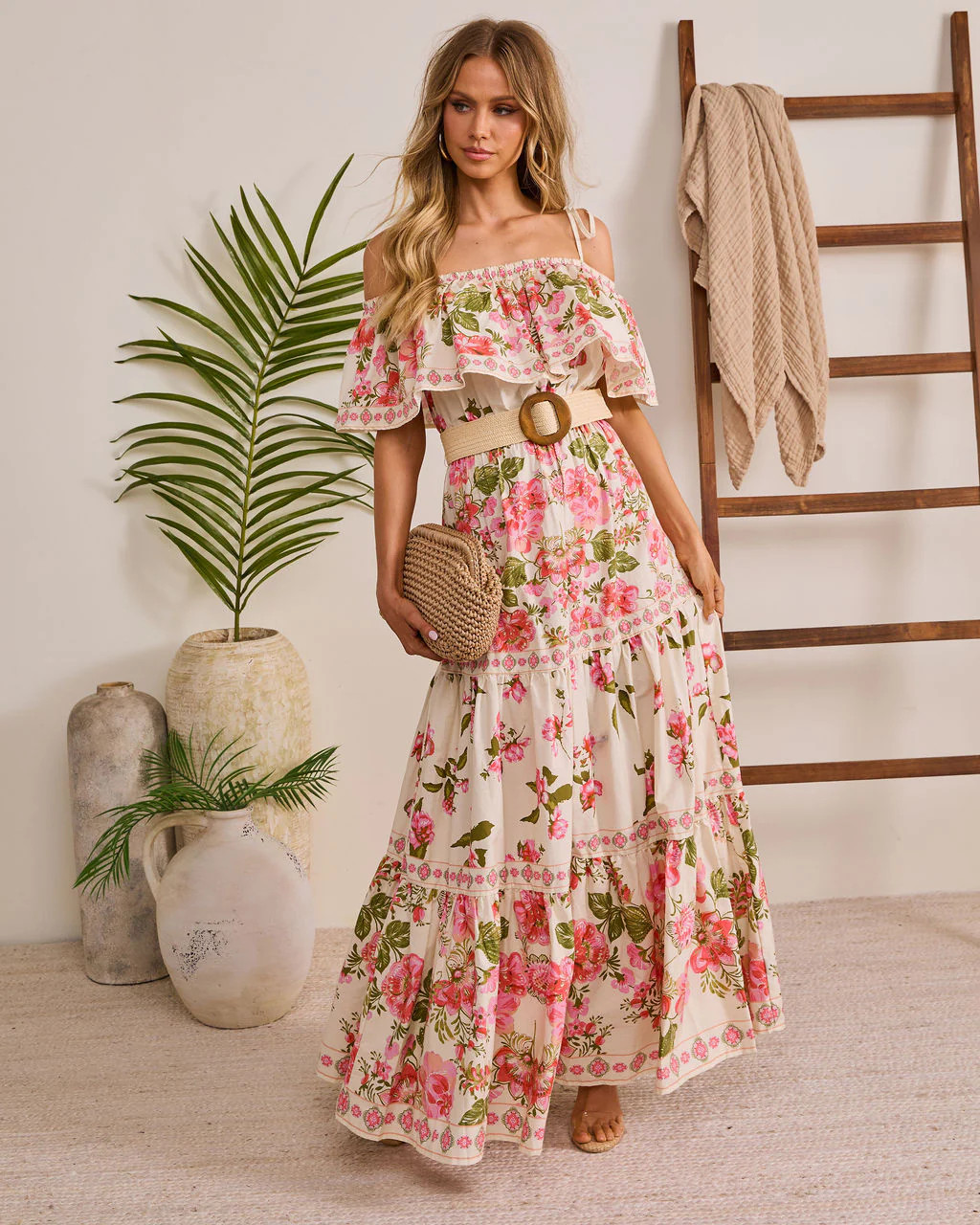 Morning Ease Belted Off The Shoulder Floral Maxi Dress - Pink Multi / XL | VICI