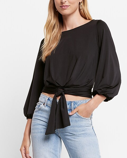 Silky Tie Front Balloon Sleeve Tee | Express