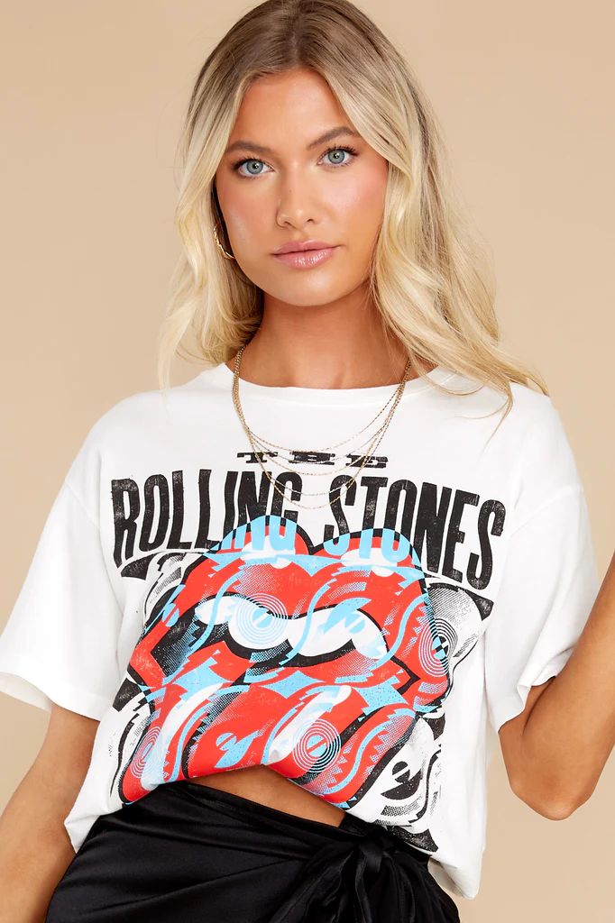 Rolling Stones Record Tongue Vintage White Boyfriend Tee | Red Dress 