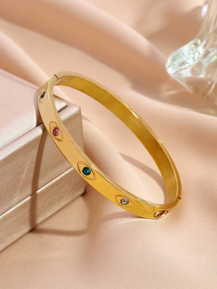18K Gold Plated Stainless Steel Vintage Faux Gemstone Evil Eye Bracelet, Bohemian Style For Women, Jewelry Gift, Rhinestone Accessory | SHEIN