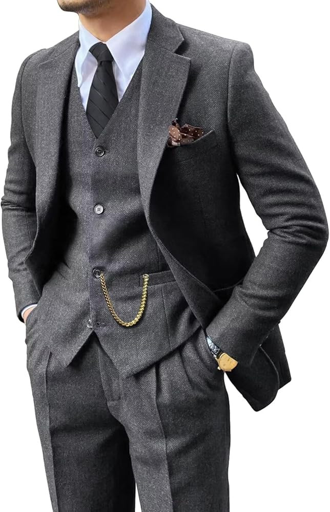 Retro 3 Piece Suit Tweed Herringbone Men's Suits Slim Fit Groom Tuxedos Set Prom Brown Grey Jacke... | Amazon (US)