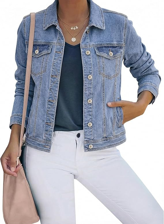 luvamia Women's Basic Button Down Stretch Fitted Long Sleeves Denim Jean Jacket | Amazon (US)