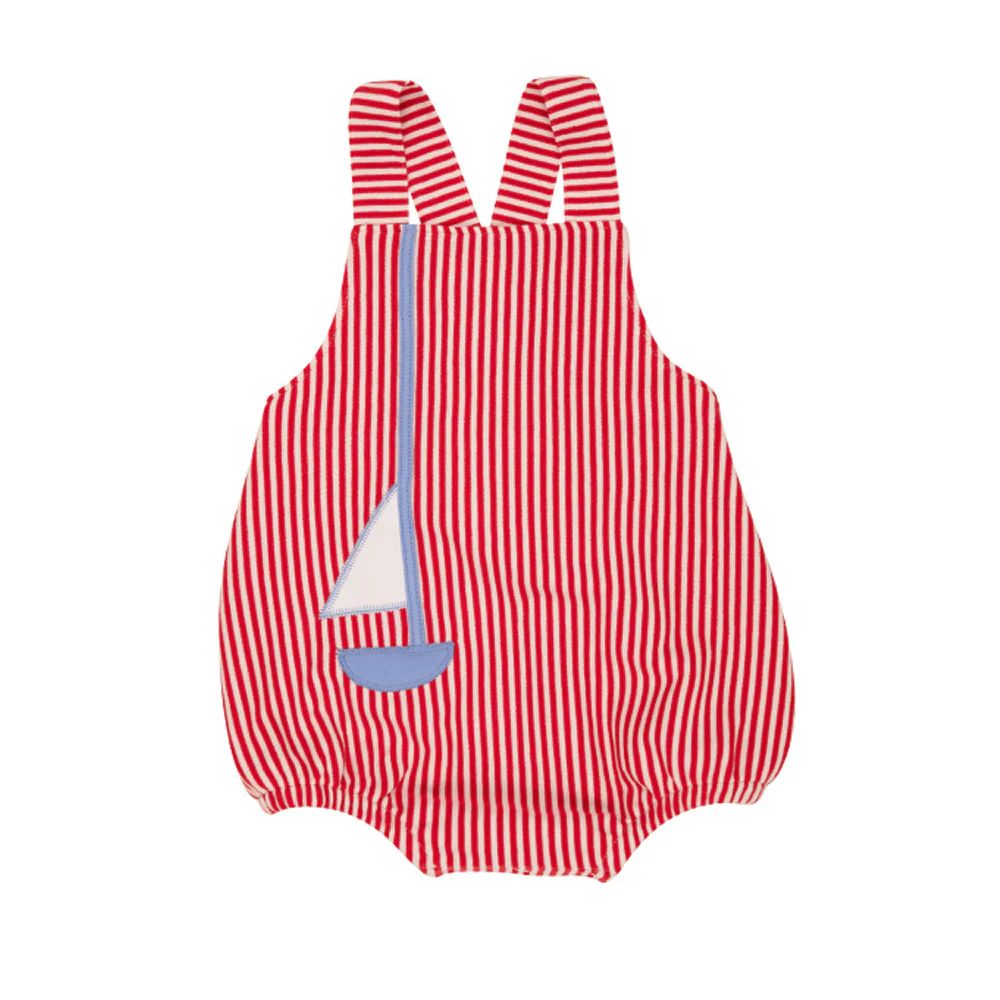 Stillman Sunsuit - Richmond Red Stripe with Sailboat Applique | The Beaufort Bonnet Company