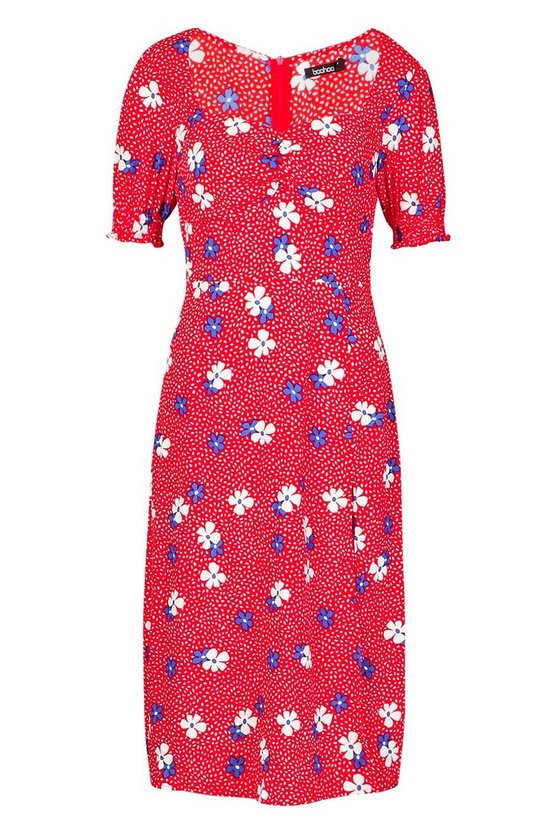 Floral Spot Sweetheart Neck Midi Dress | Boohoo.com (US & CA)