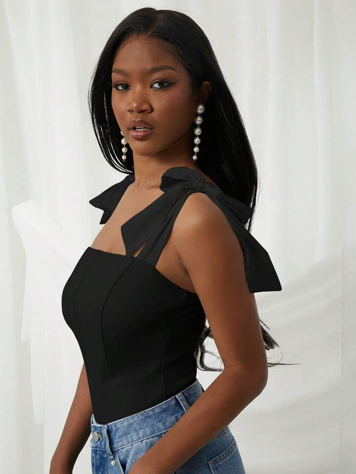 NYA SZN Spring Bow Strap Square Neck Cheeky Festival Summer Bodysuit Vacation Office Coquette Siren Preppy Casualwear For Women | SHEIN