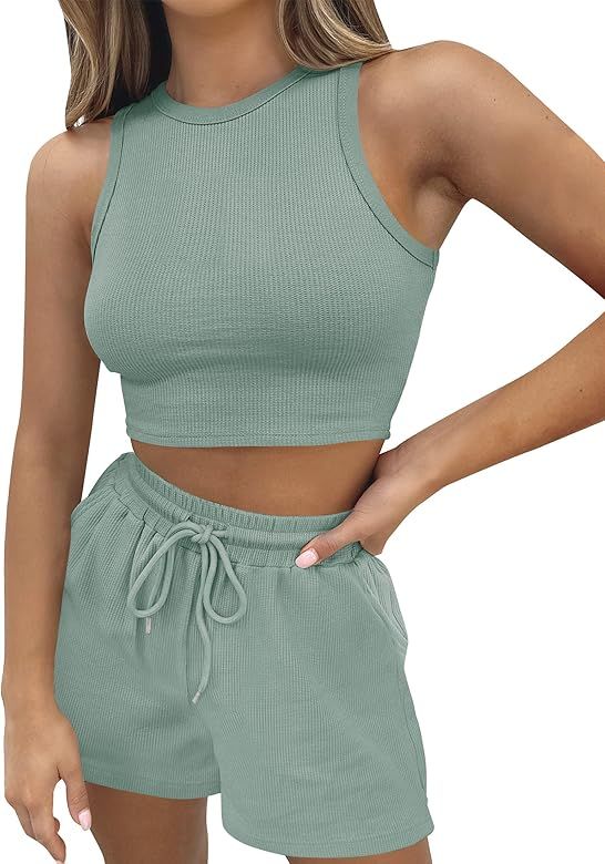 ZESICA Women's 2023 Waffle Knit Sleeveless Crop Top and Shorts Pullover Tracksuits Sweatsuits Lou... | Amazon (US)