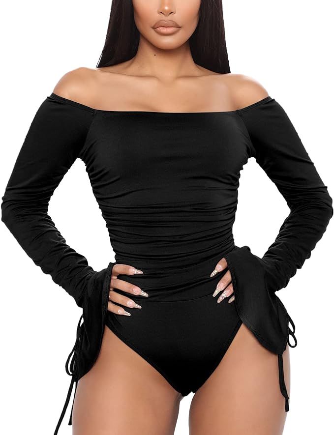 Women Long Sleeves Bodysuit Off Shoulder Pleated Flared Cuffs Jumpsuits Rompers Tops | Amazon (US)