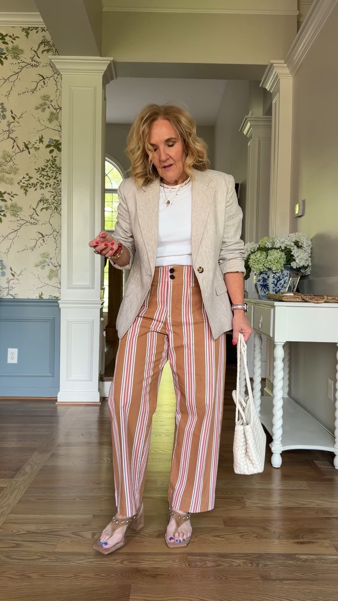 Linen blazer size medium 
Tshirt size small 
Oxford size small 
Striped jeans I sized up to a 30 reg for a very relaxed look. 15% off 
Pants are soldout but I’ve linked a few options  

10% off my Eric javits bag code NANETTE 
20% off my bracelets code NANETTE20

#LTKSaleAlert #LTKootd #LTKOver40